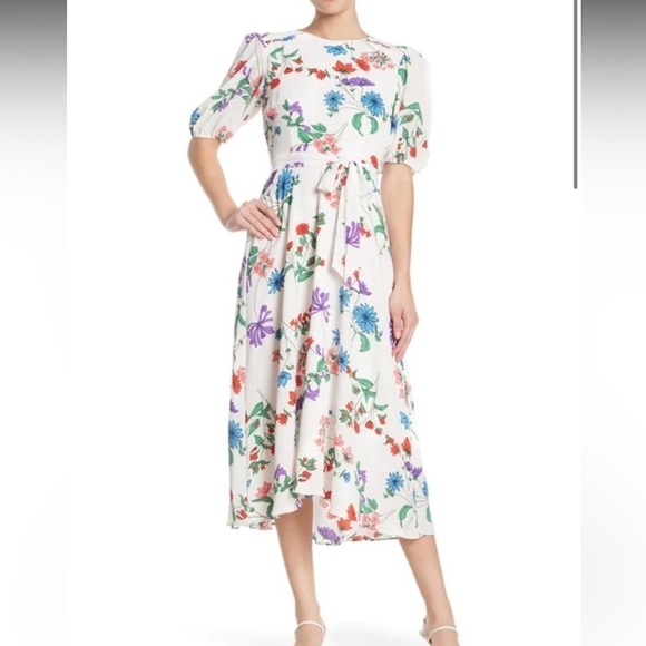 Donna Morgan Dresses & Skirts - Floral Bubble Sleeve Crepe High/Low Midi Dress